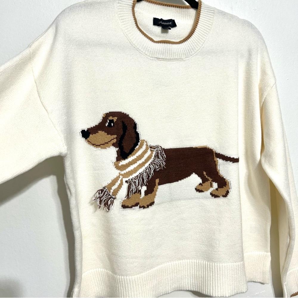 Anthropologie Dachshund Dog 3D Embroidery Novelty Art Beige Knit Sweater NEW L - Picture 2 of 9